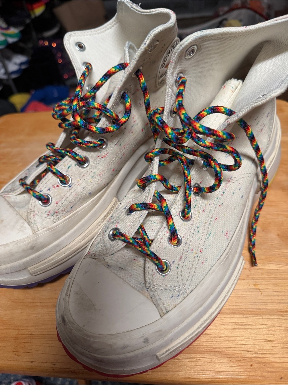 Converse Women's Off-White High-Top Canvas Sneakers with Rainbow Laces